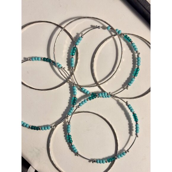 Silver & Turquoise Beaded Bangle Bracelets Set Of 6 - Picture 3 of 5